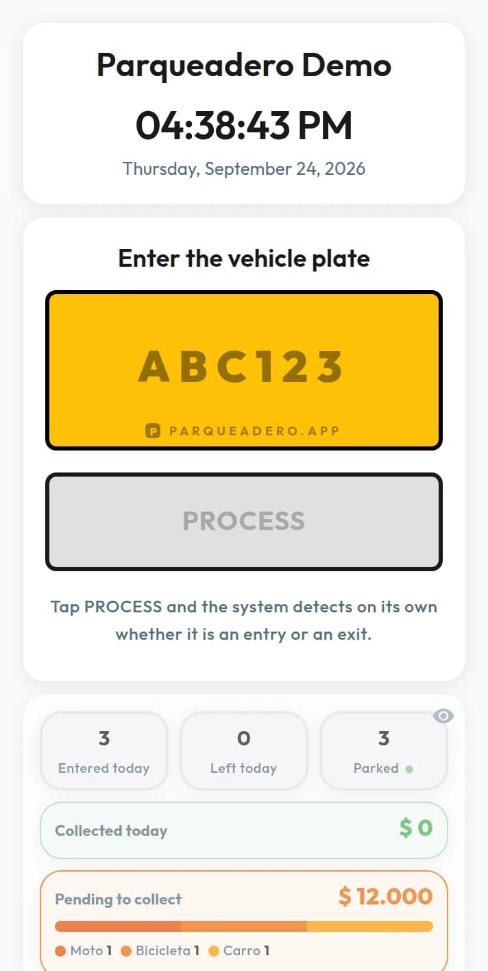 Parking management software: the dashboard with plate ABC123 and three vehicles parked