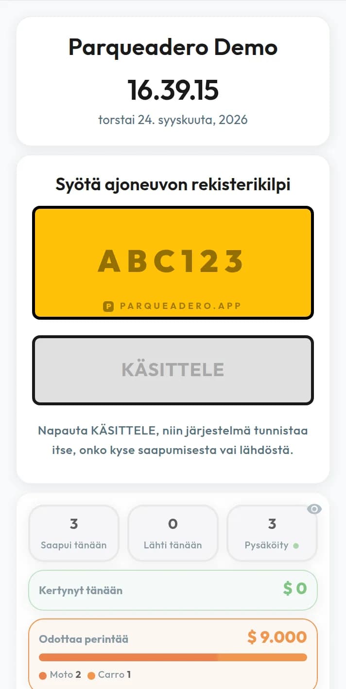 Pysäköinnin hallintaohjelmisto: ohjauspaneeli, jossa rekisterikilpi ABC123 ja kolme pysäköityä ajoneuvoa