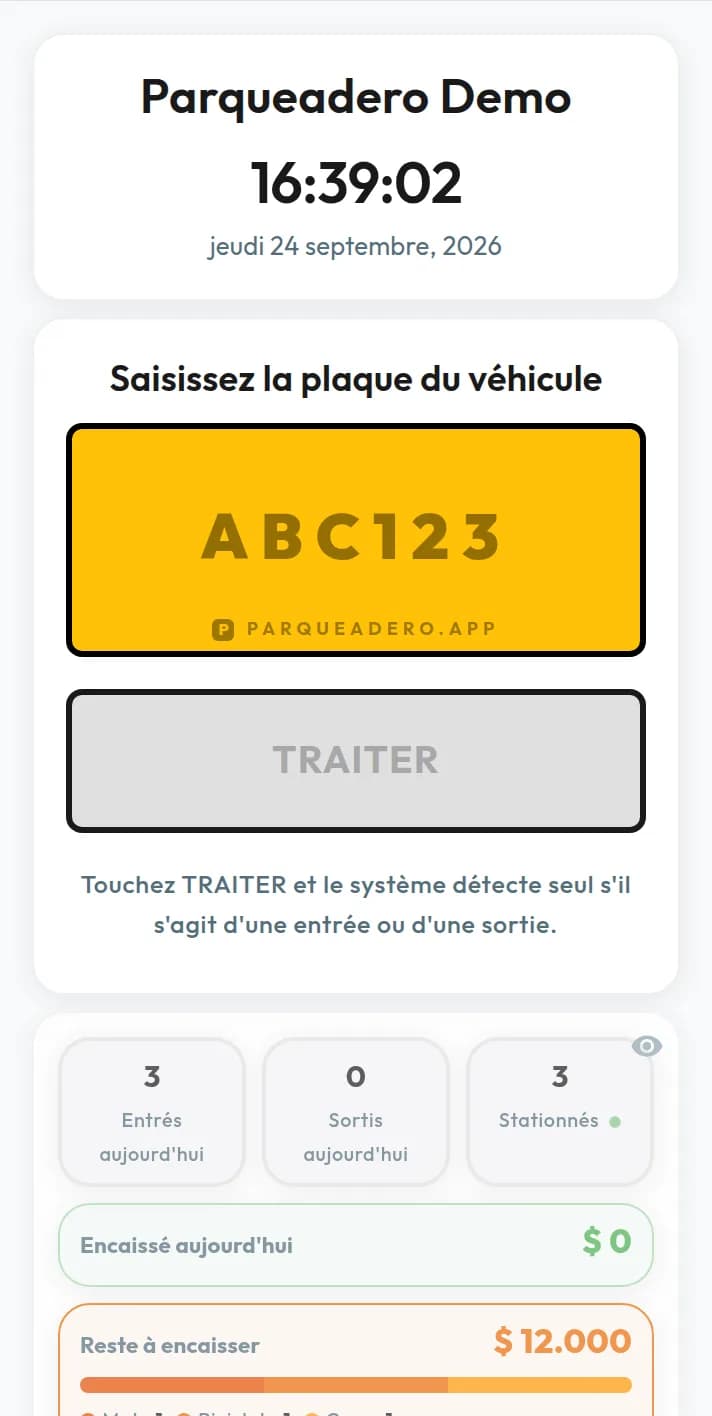 Logiciel de gestion de parking : le tableau de bord avec la plaque ABC123 et trois véhicules garés