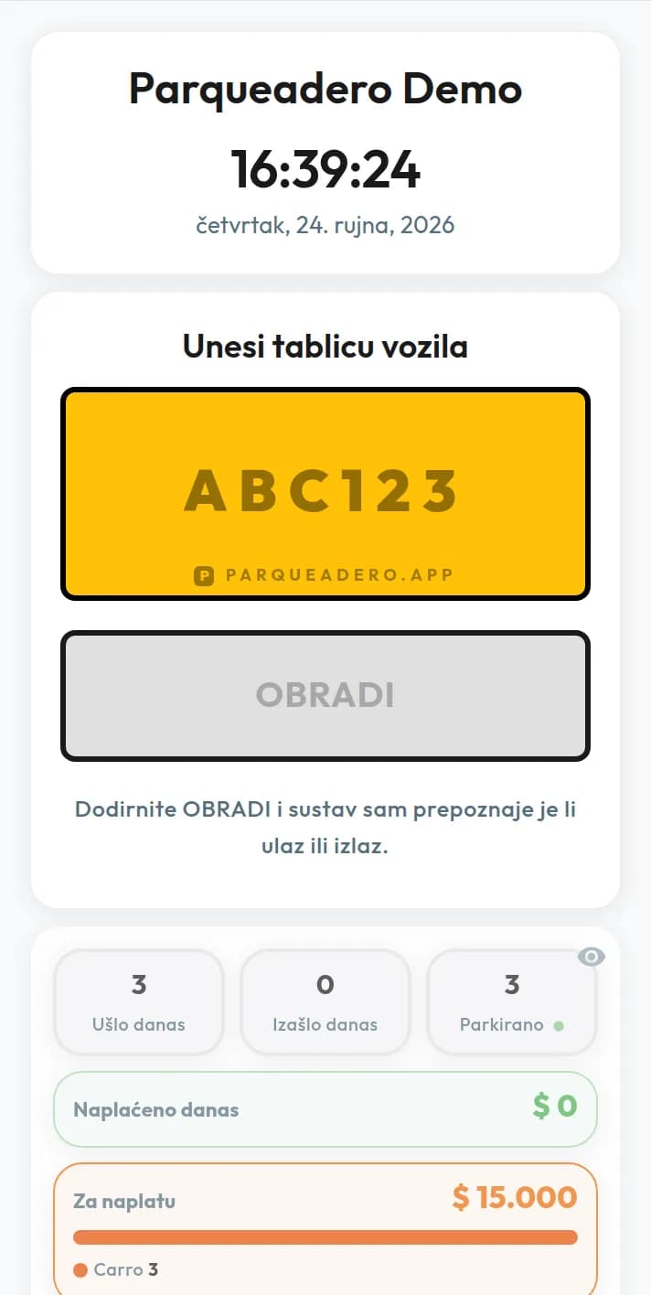 Softver za upravljanje parkiralištem: nadzorna ploča s registracijom ABC123 i tri parkirana vozila